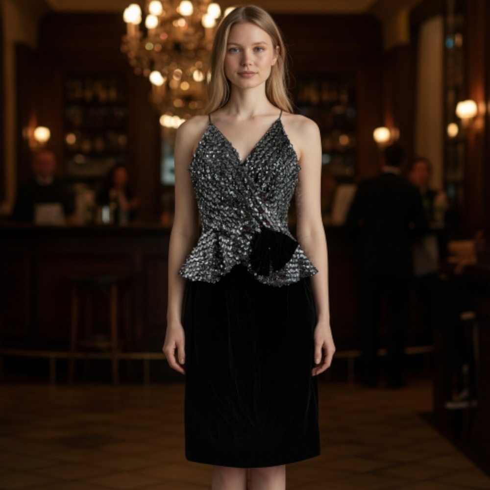 Unique Vintage 1960s Gunmetal Sequin Peplum Dress